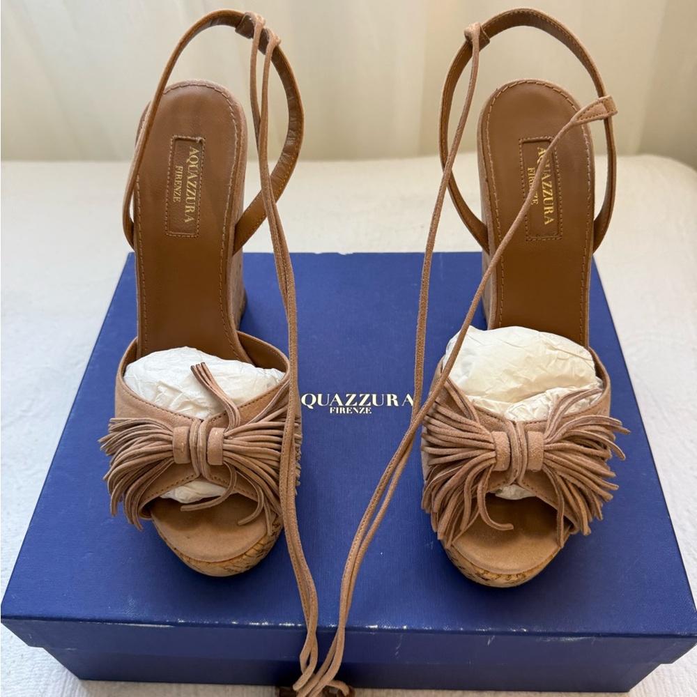 Aquazzura Wild One Wedge Sandals with Tassels Nude-Tan /VintagePink Color Size37 - Picture 5 of 11